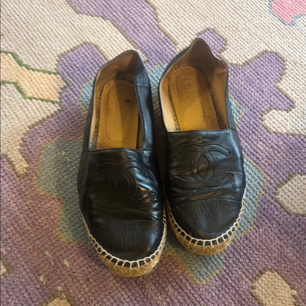 Chanel Black Leather Espadrille Shoes